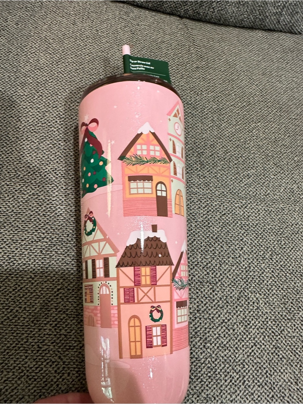 Pink Holiday Village Stainless Tumbler with Straw